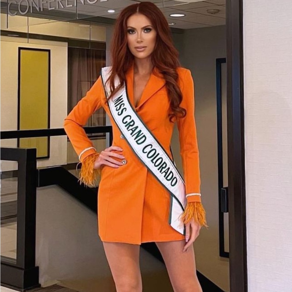 Quilla Orange Feather Crystal Sleeve Backless Blazer Dress